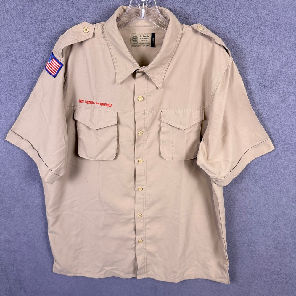 Boy Scouts of America Shirt Mens Large Tan Short Sleeve Uniform Patched